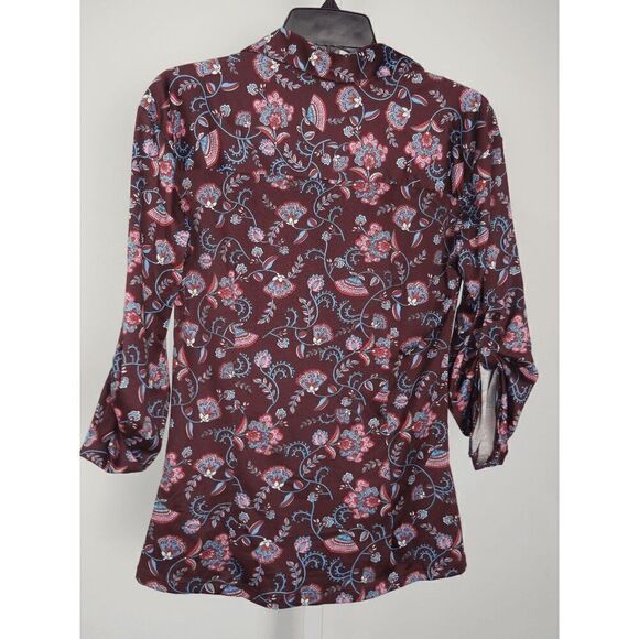 NY Collection Women's Petite 3/4 Roll Tab Rouched-Front Top Floral PS - Picture 2 of 5